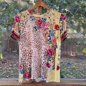 Johnny Was Wildflower Favorite Crewneck Swing Tee Yellow Printed Size M